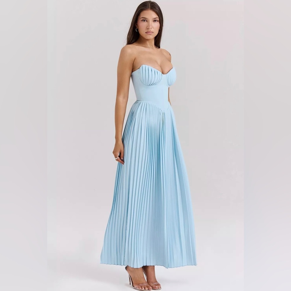 House of CB Powder Blue Strapless Pleated Maxi Gown